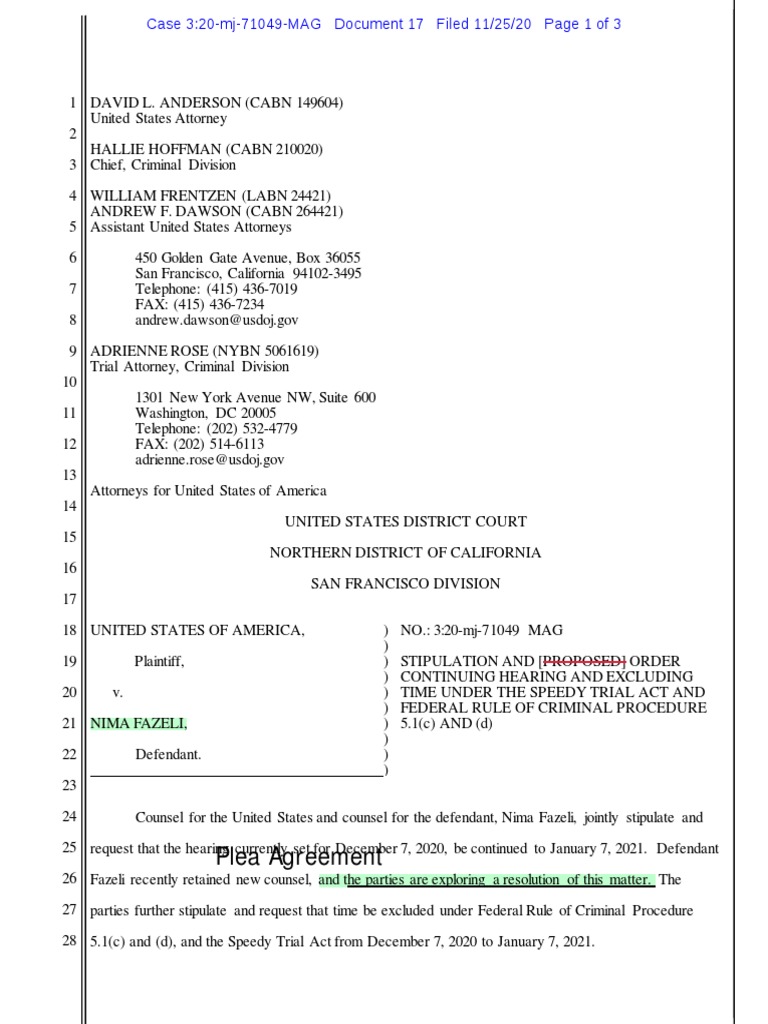 NIMA FAZELI USA Joint Stipulation Nov 2020 PDF Speedy Trial Act