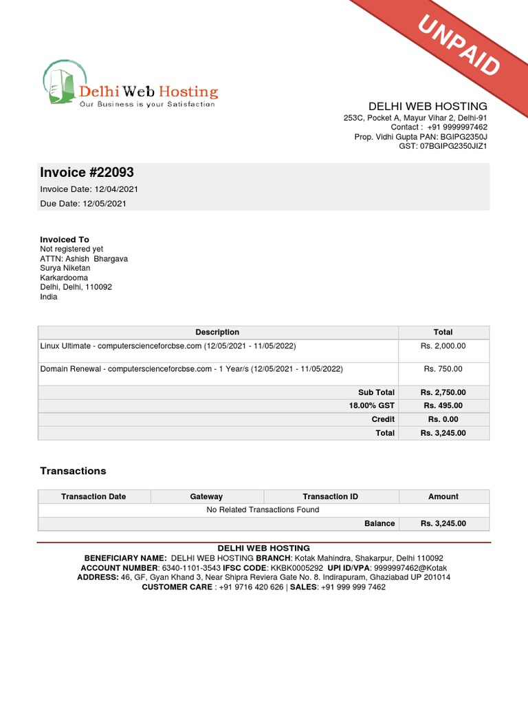 Invoice 22093 Delhi Web Hosting PDF Accounting Payments