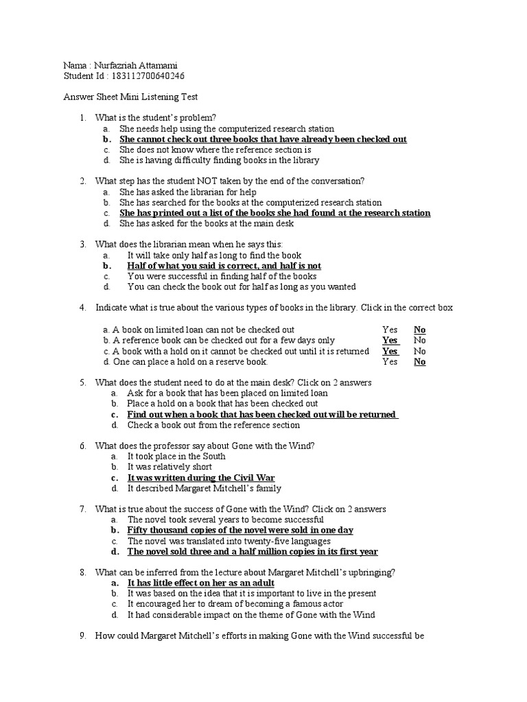 Answ Sheet Mini Listening Test | PDF | Books