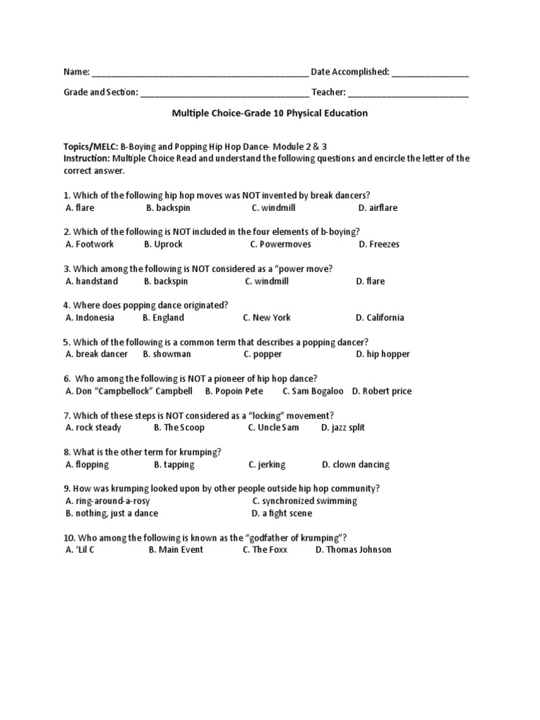 Grade 10 Physical Education MCQs | PDF