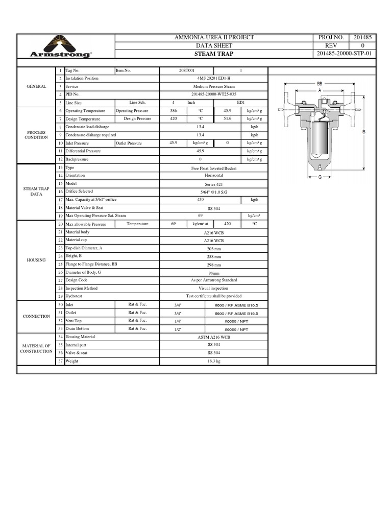Steam Trap Data Sheet for Ammonia-Urea Project | PDF | Gas Technologies ...