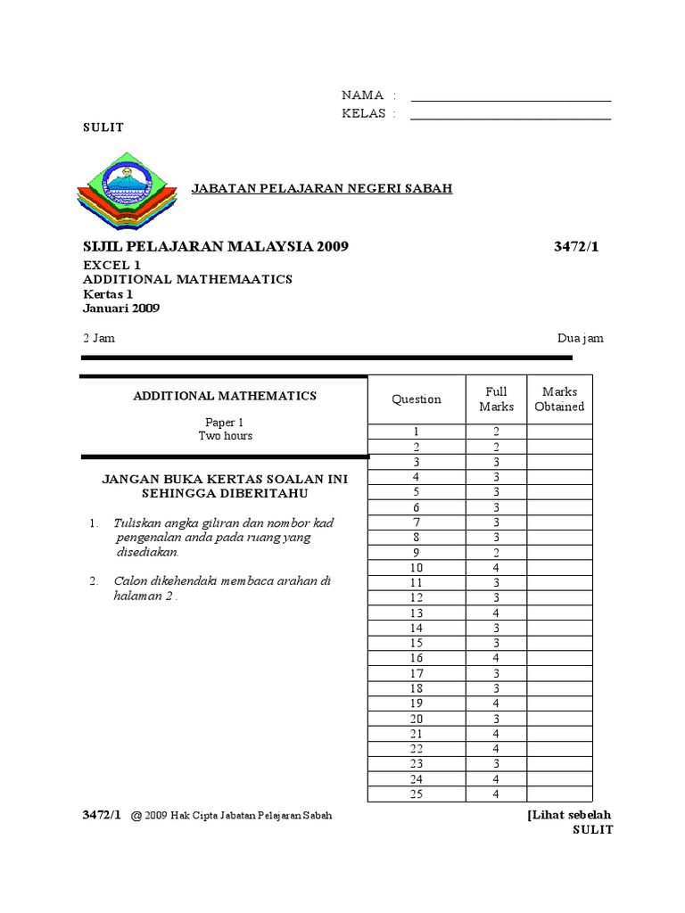 SPM 2009 Additional Mathematics Paper | PDF | Trigonometric Functions ...