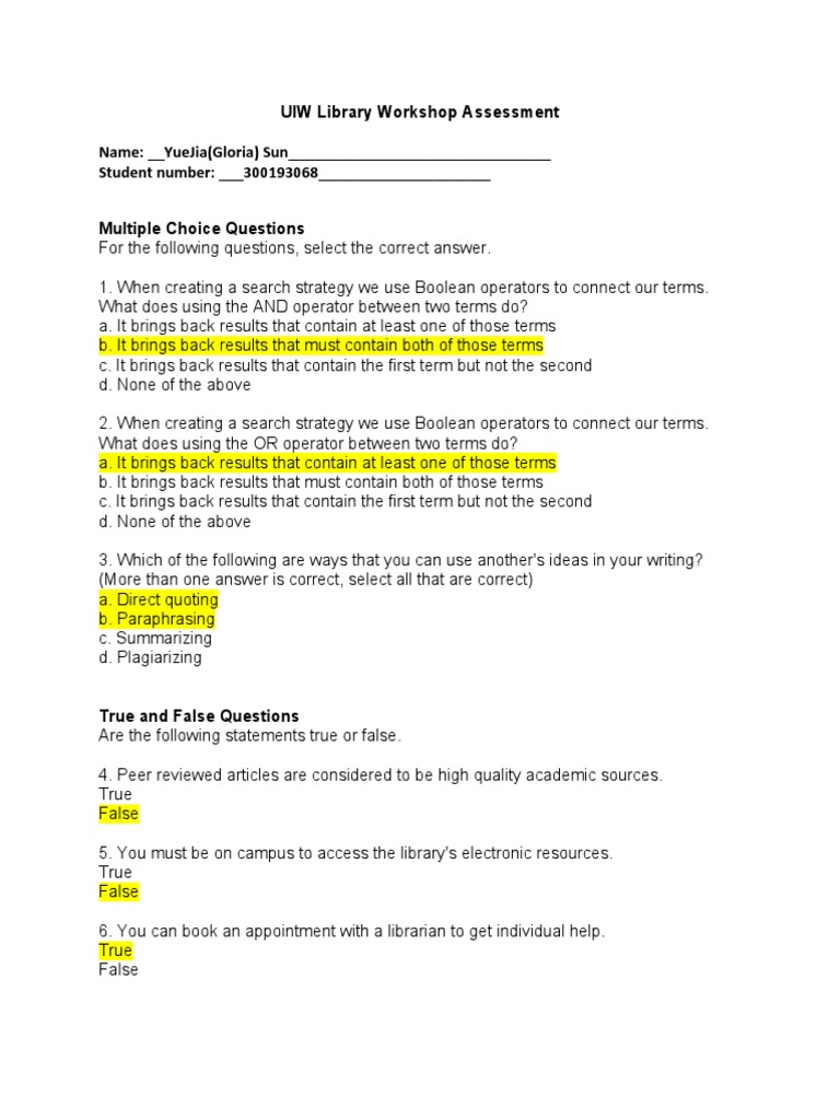 UIW Library Workshop Assessment Guide | PDF | Libraries | Communication