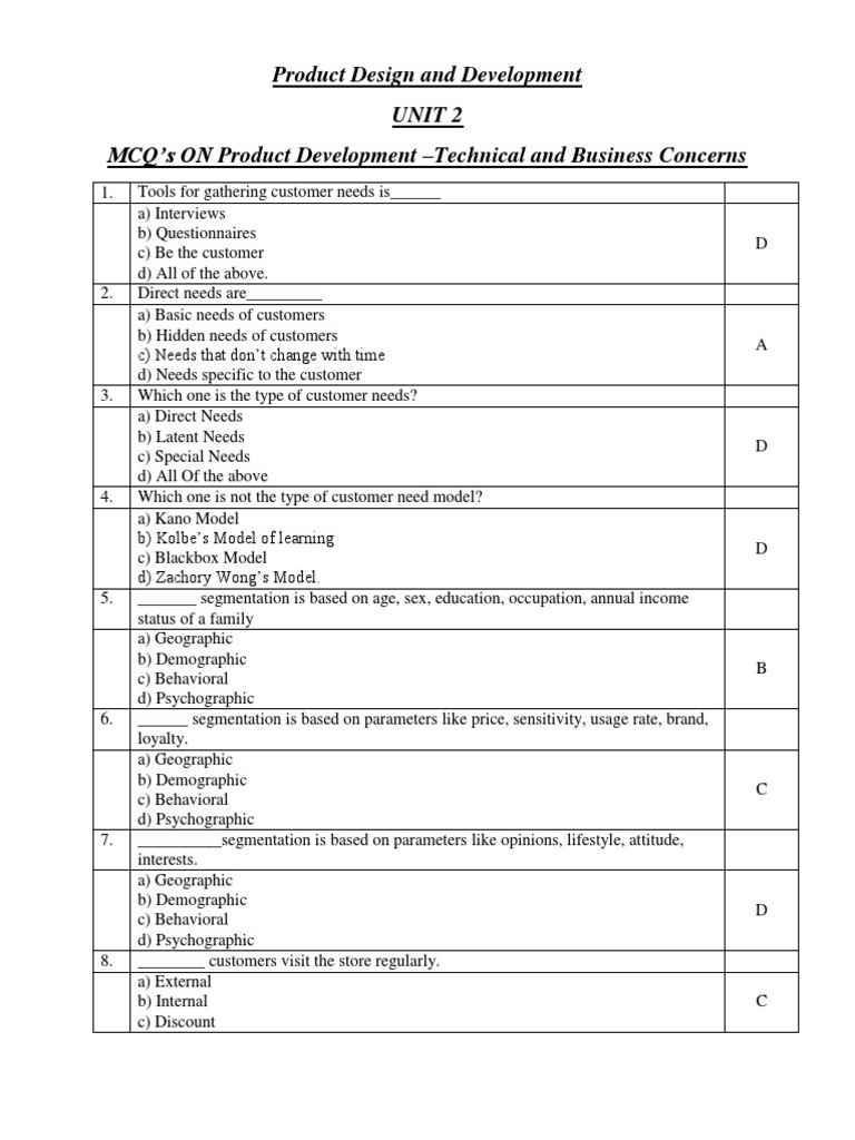 Product Design And Development Unit 2 MCQ s ON Product Development