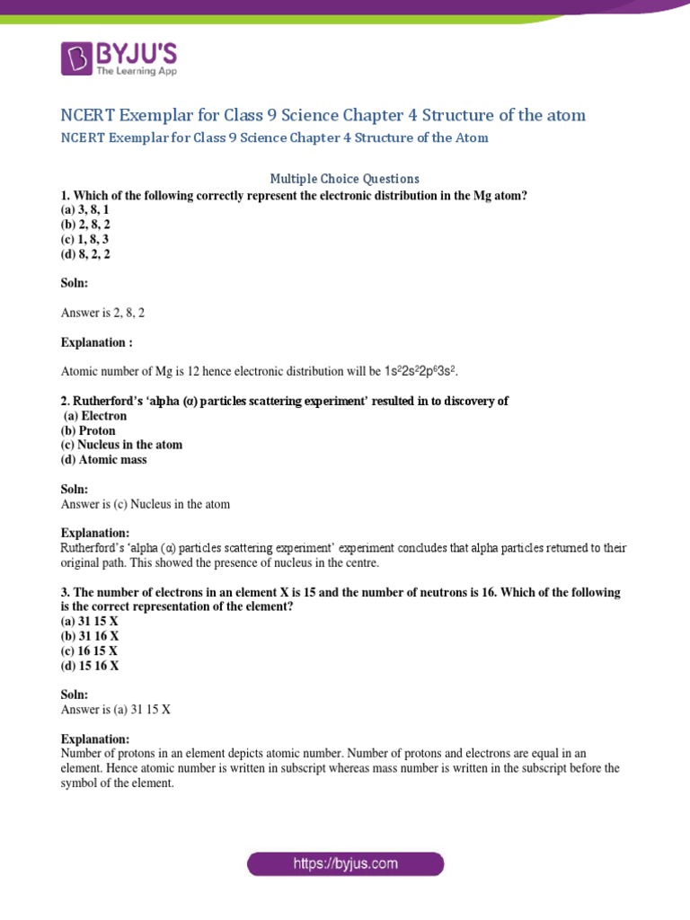 Class 9 Atom Structure NCERT Exemplar | PDF | Atoms | Atomic Nucleus