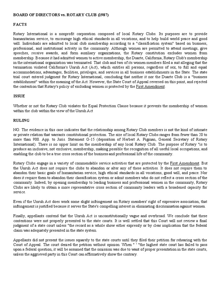 BOARD OF DIRECTORS vs. ROTARY CLUB (1987) PDF First Amendment To