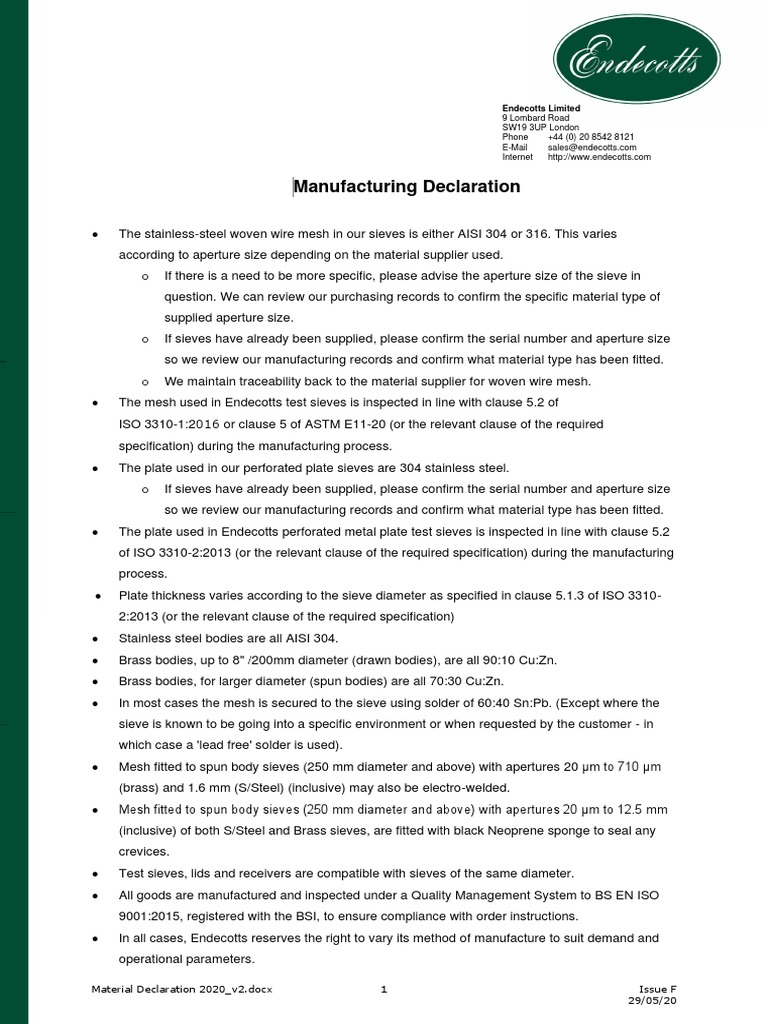 Endecotts 2020 Material Declaration | PDF | Specification (Technical ...