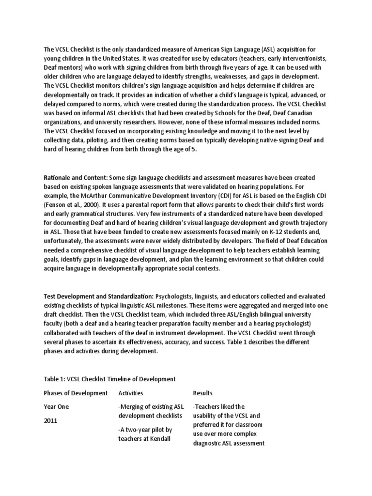 VCSL Checklist for ASL Acquisition | PDF | American Sign Language ...
