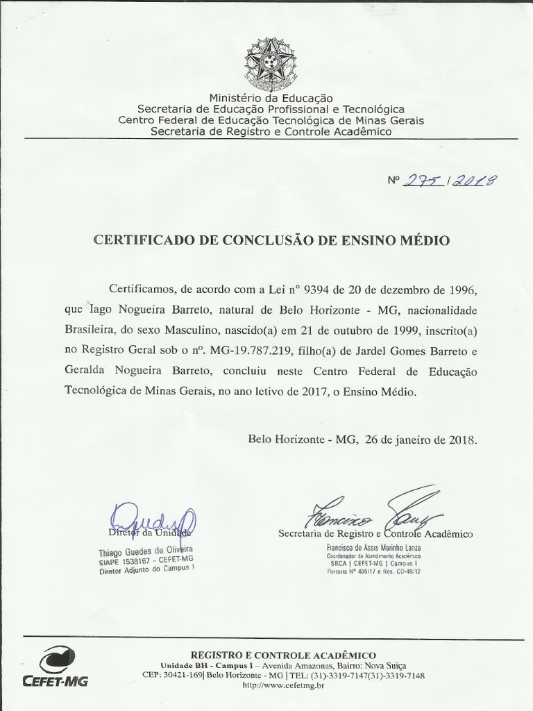 Certificado de Conclusão de Ensino Médio | PDF