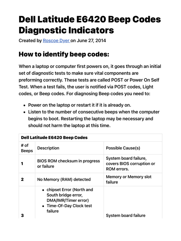 Dell Latitude E6420 Beep Codes Diagnostic Indicators PDF Bios