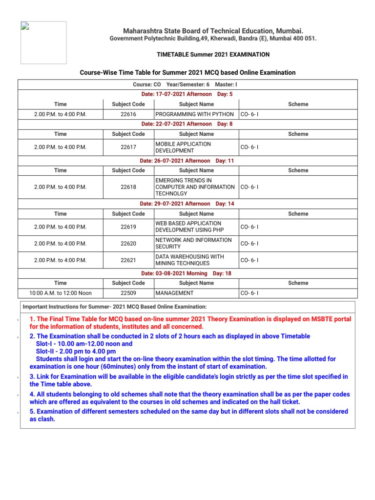 MCQ Based Online Examination MSBTE Time Table For Summer 2021