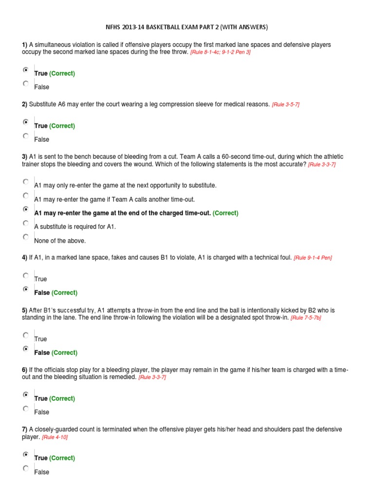 Basketball Nfhs 2013 14 Exam Part2 Answers Part 2 PDF Team Sports Sports Rules And Regulations