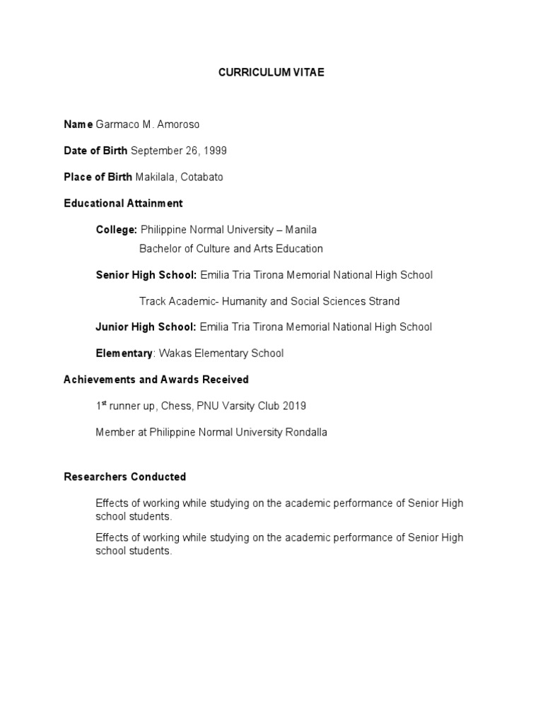 Sample Curriculum Vitae | PDF | Students | Schools