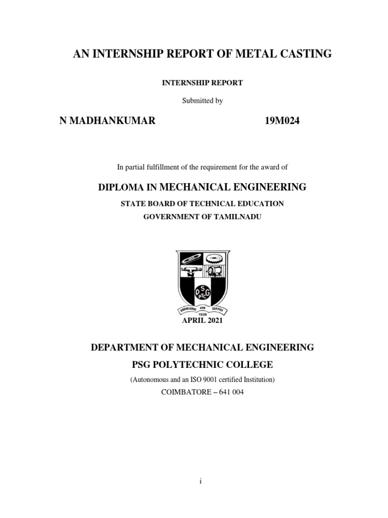 Metal Casting Internship Report | PDF | Casting (Metalworking) | Casting
