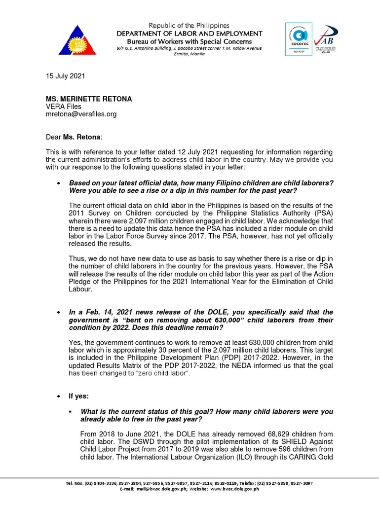 Department of Labor and Employment Response | PDF | Child Labour ...