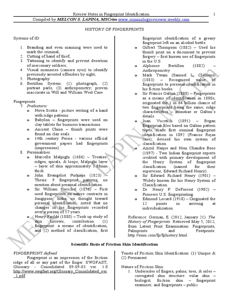 Fingerprint Identification Reviewer Abridged | PDF | Fingerprint | Hand