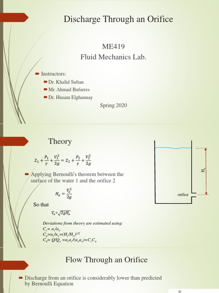 Discharge Through An Orifice ME419 Fluid Mechanics Lab PDF Fluid