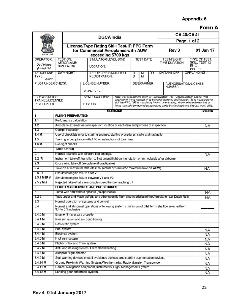 DGCA Skill Test/IR PPC Form | PDF | Aeronautics | Aviation Safety