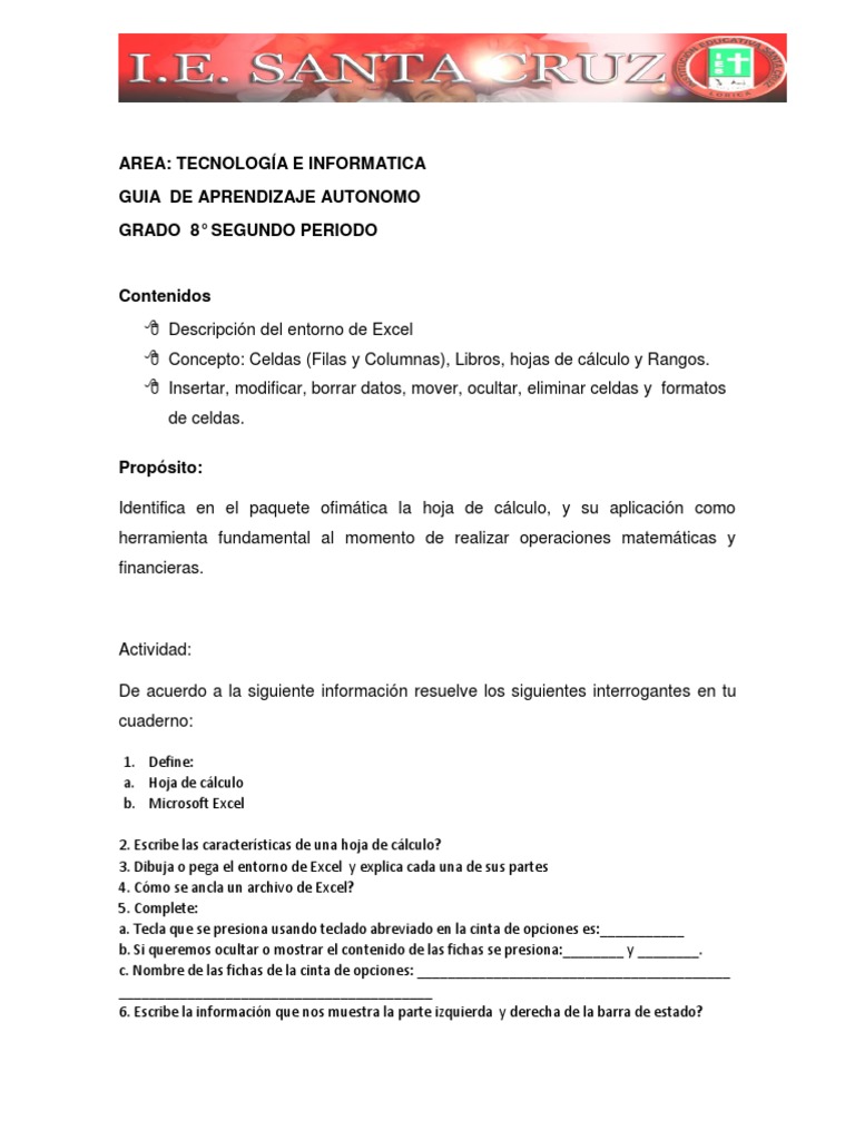 Guía de Excel para 8° Grado | PDF | Microsoft Excel | Hoja de cálculo