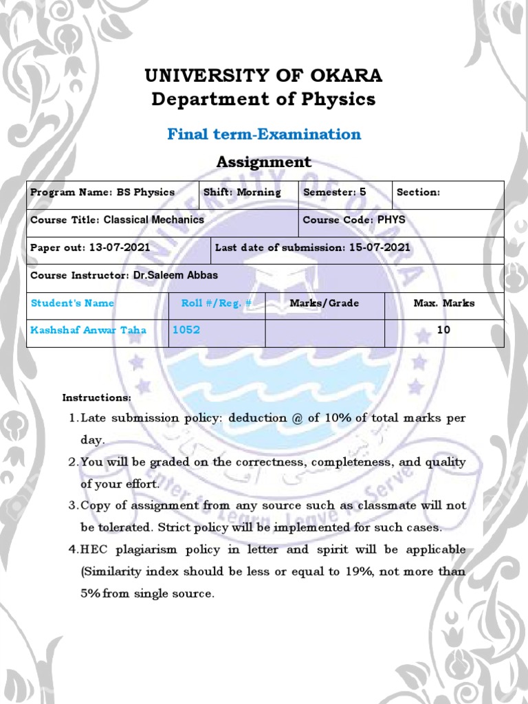 BS Physics Classical Mechanics Assignment | PDF