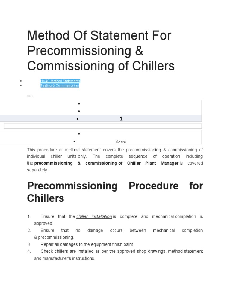 Method of Statement For Precommissioning & Commissioning of Chillers | PDF