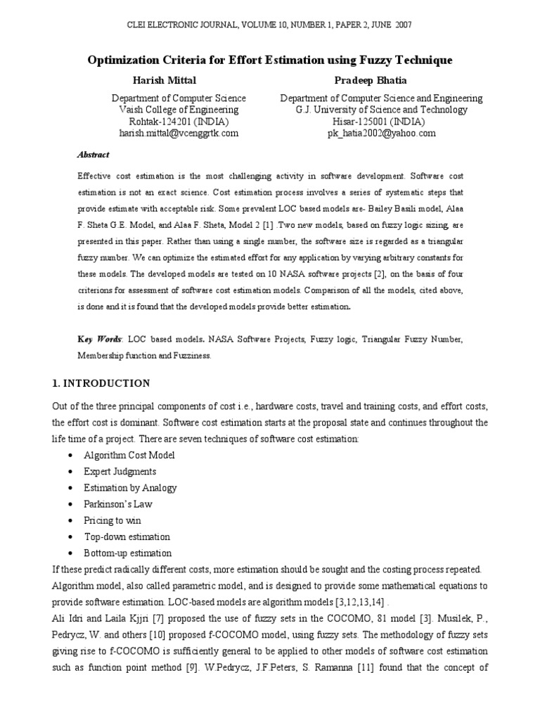 Fuzzy Logic Models for Software Cost Estimation | PDF | Fuzzy Logic | Logic