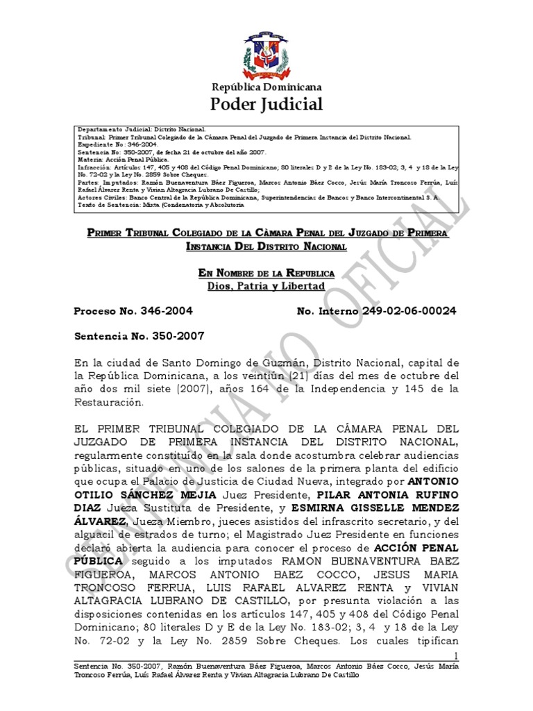 Sentencia 1er Grado Baninter | PDF | República Dominicana | Derecho penal