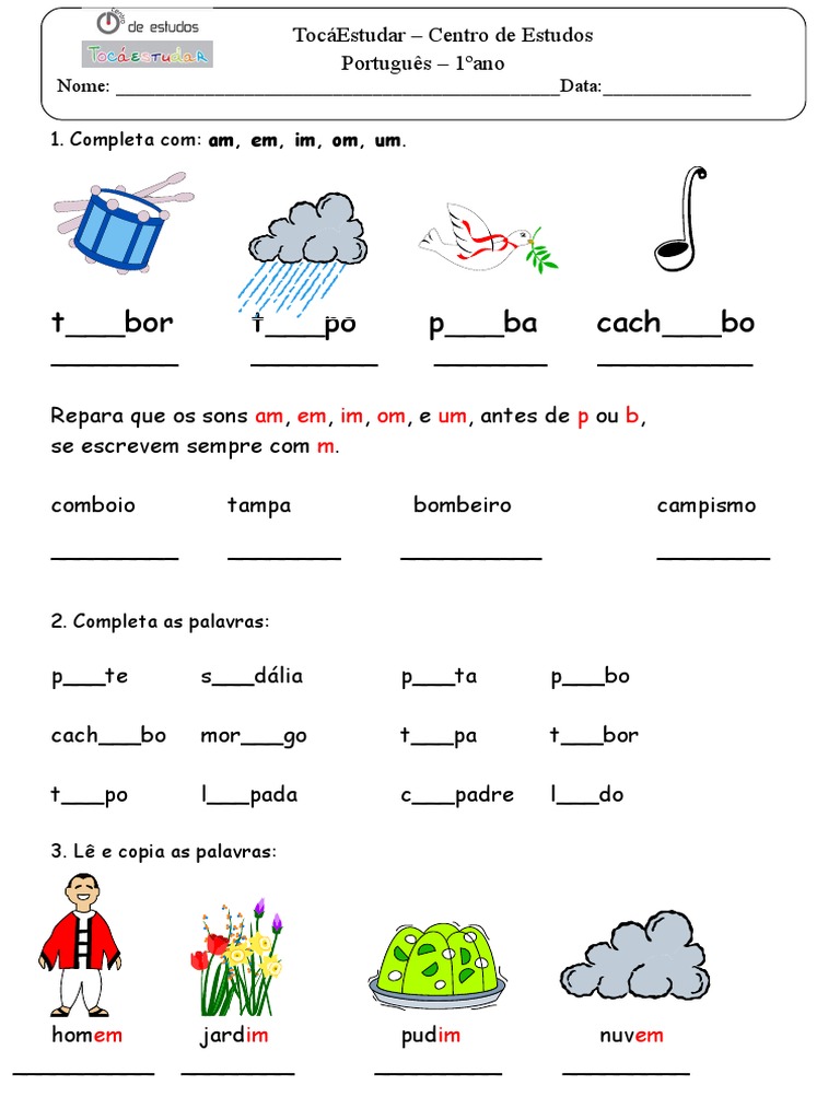 Atividades de Ortografia: am, em, im, om, um | PDF | Artes Linguísticas ...