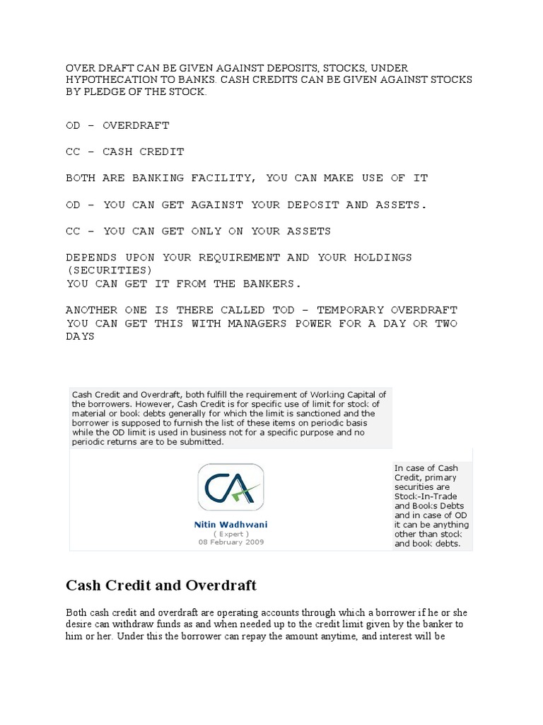 Cash Credit vs Overdraft Explained | PDF | Finance & Money Management ...