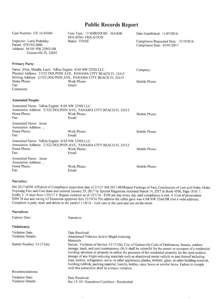 Gainesville Code Enforcement Case CE-16-03060 | PDF | Lien