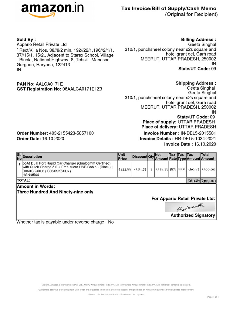 Amazon Invoice for Car Charger Purchase | PDF | Invoice | Taxes
