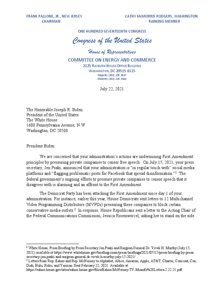 Biden Censorship Letter PDF Censorship First Amendment To The