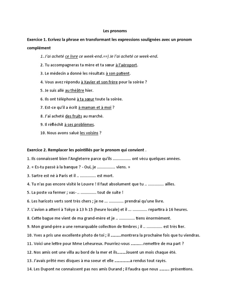 Exercices sur les pronoms en français | PDF | Arts du langage et discipline
