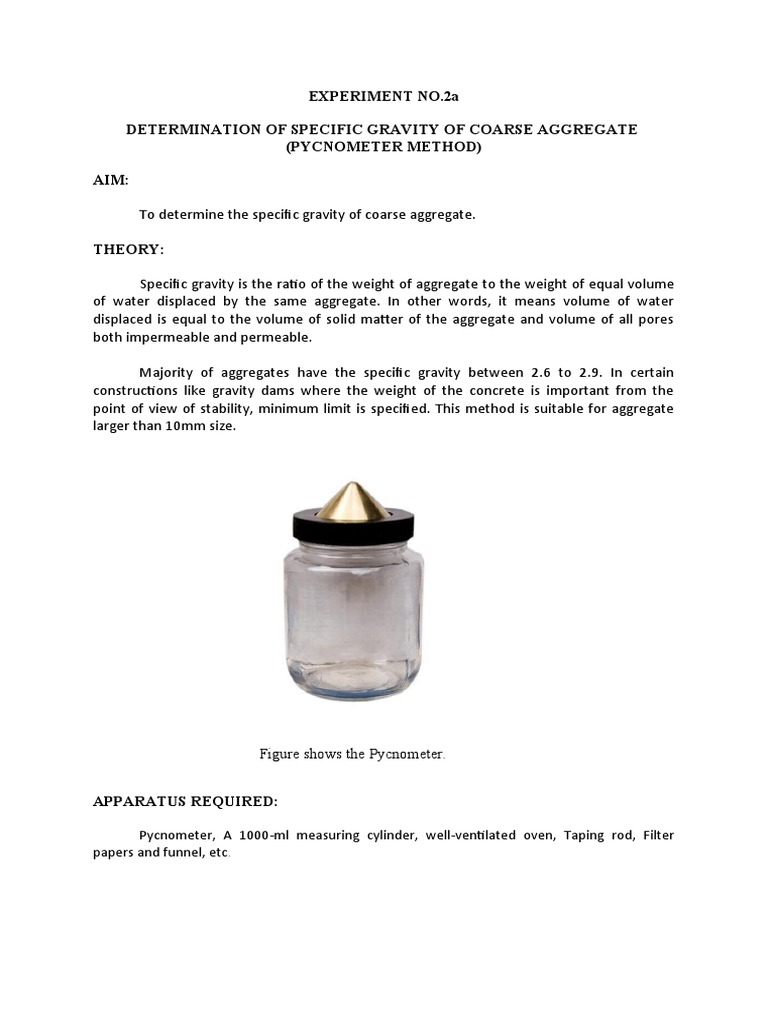 Experiment No.2A Determination of Specific Gravity of Coarse Aggregate ...