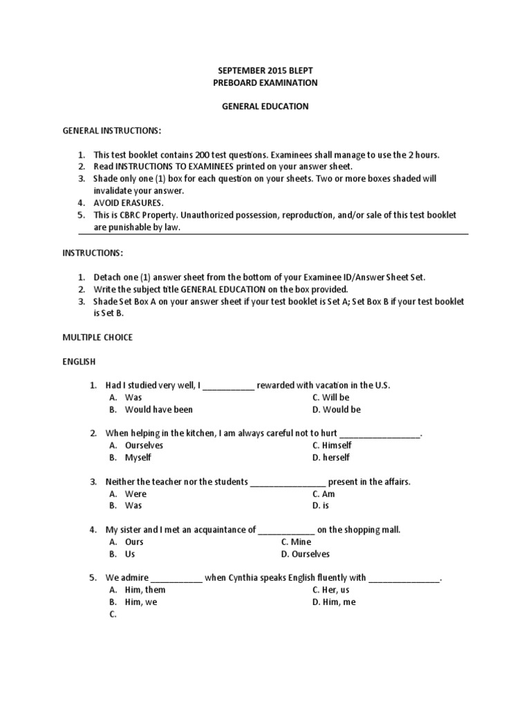 September 2015 BLEPT General Education Exam | PDF | Mean | Cell (Biology)