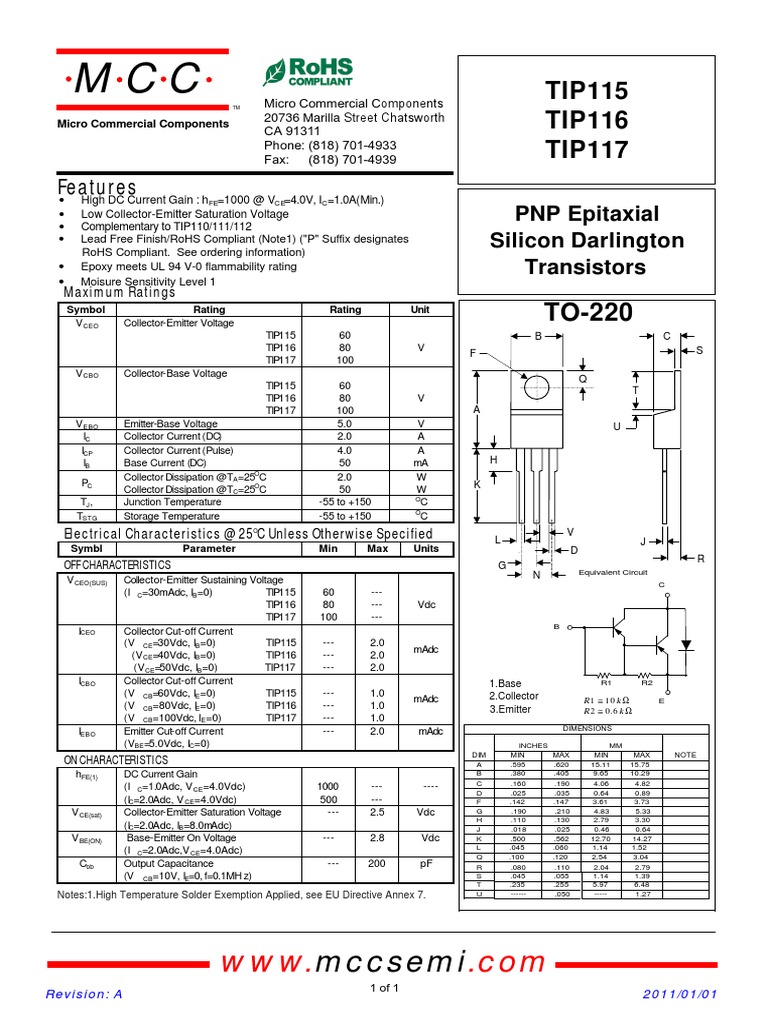 Tip115 Tip116 Tip117 To220 PDF Bipolar Junction Transistor
