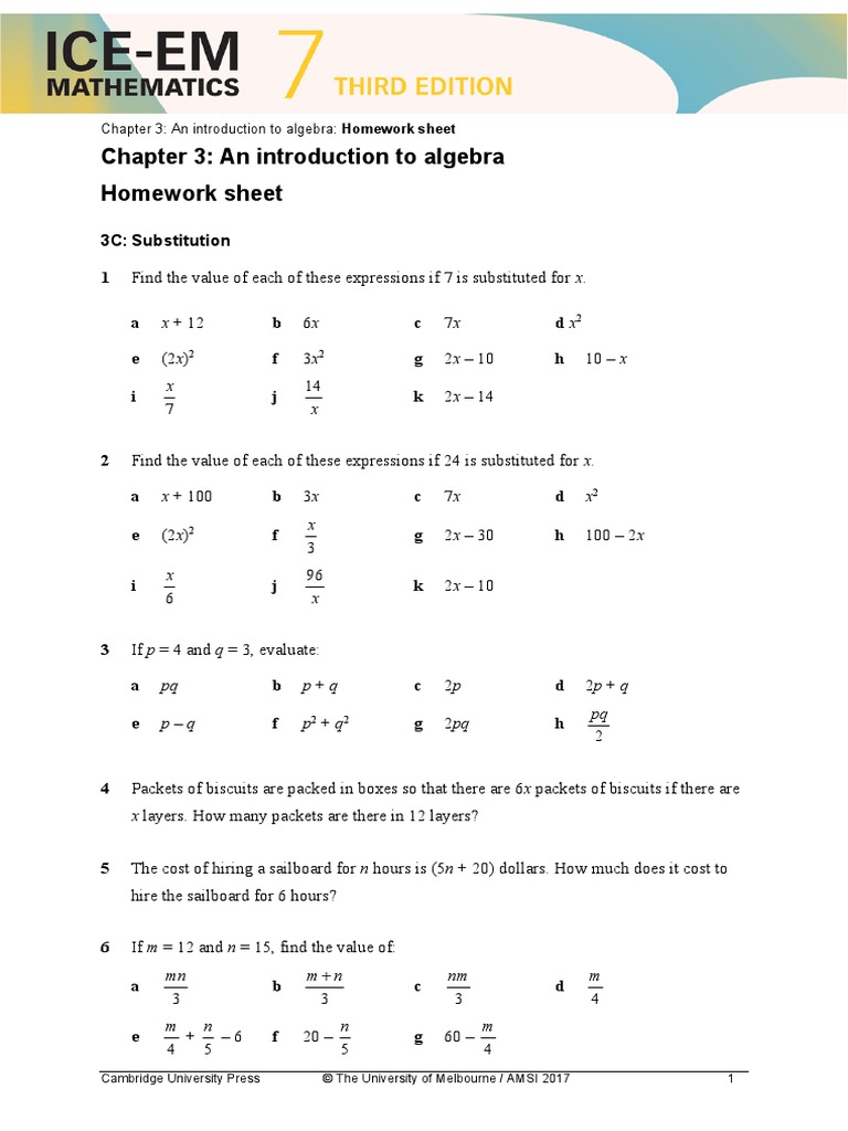 Chapter 3: An Introduction To Algebra: Homework Sheet | PDF