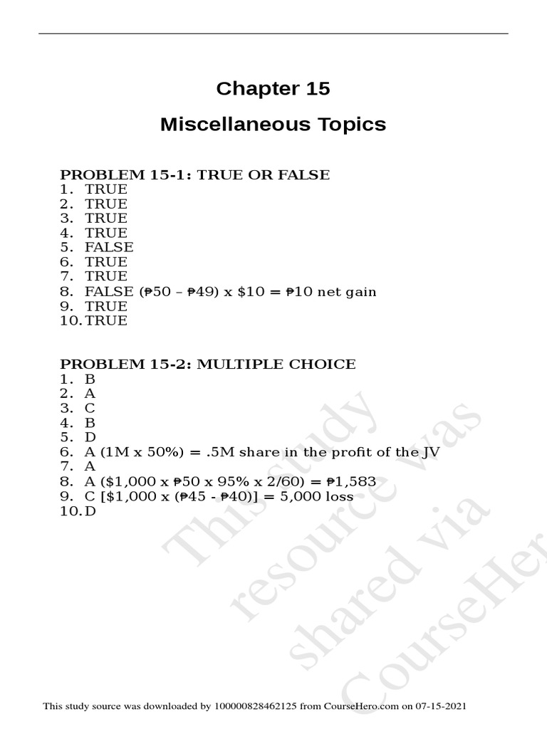 Chapter 15 Miscellaneous Topics Answers | PDF