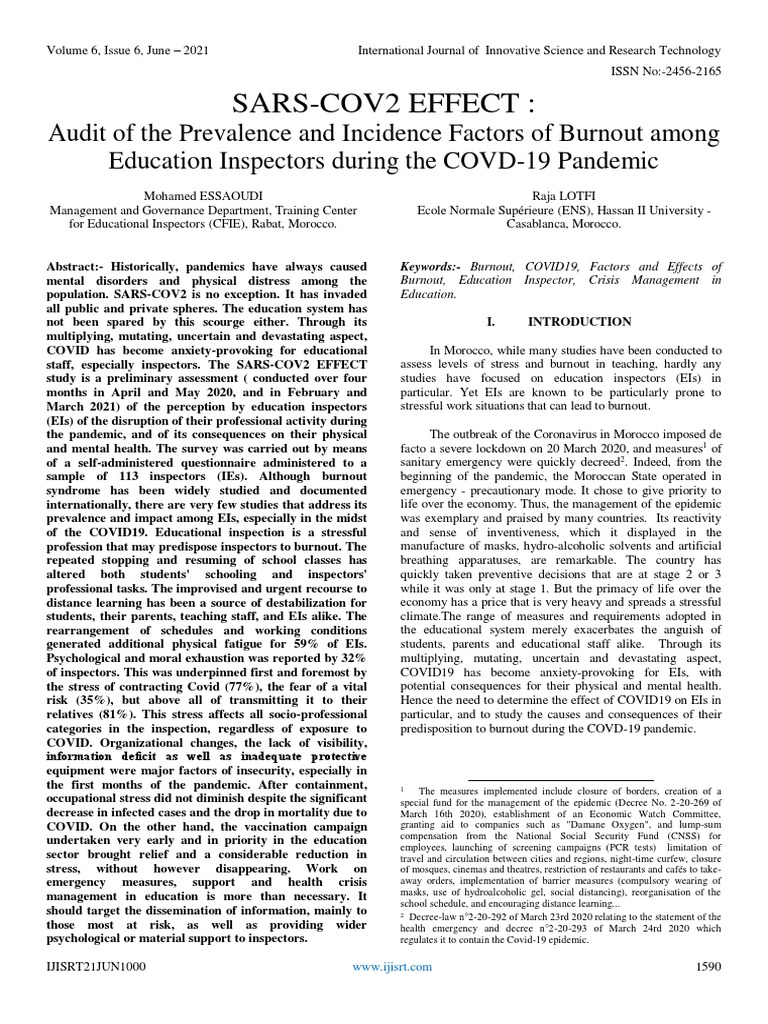 Sars Cov2 Effect Audit Of The Prevalence And Incidence Factors Of Burnout Among Education Inspectors During The Covd 19 Pandemic Pdf Occupational Burnout Cognition