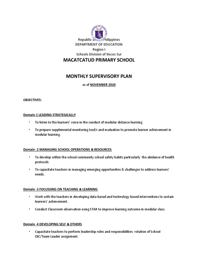 MONTHLY SUPERVISORY PLAN-maca-nov 2020 | PDF | Educational Technology ...