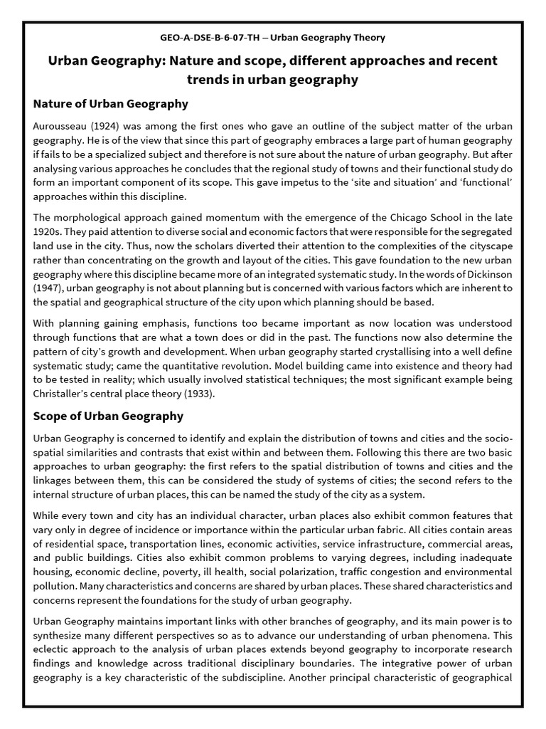 E. Topic 1. Urban Geography Nature and Scope, Different Approaches and