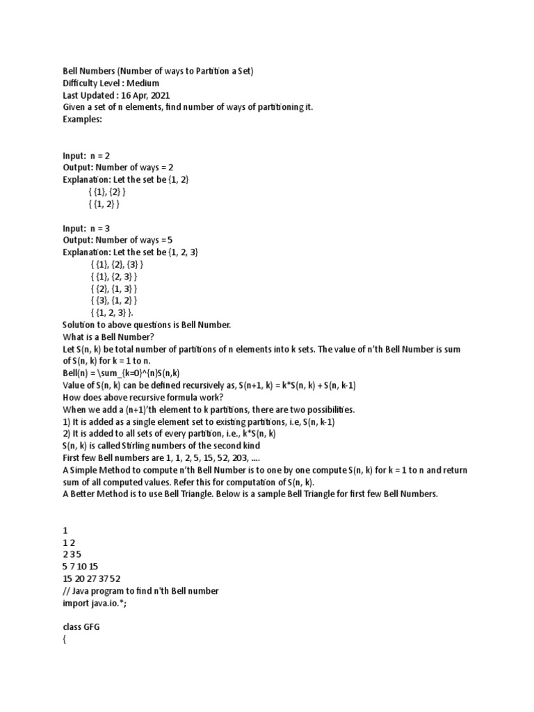 Bell Number PDF Numbers Theoretical Computer Science