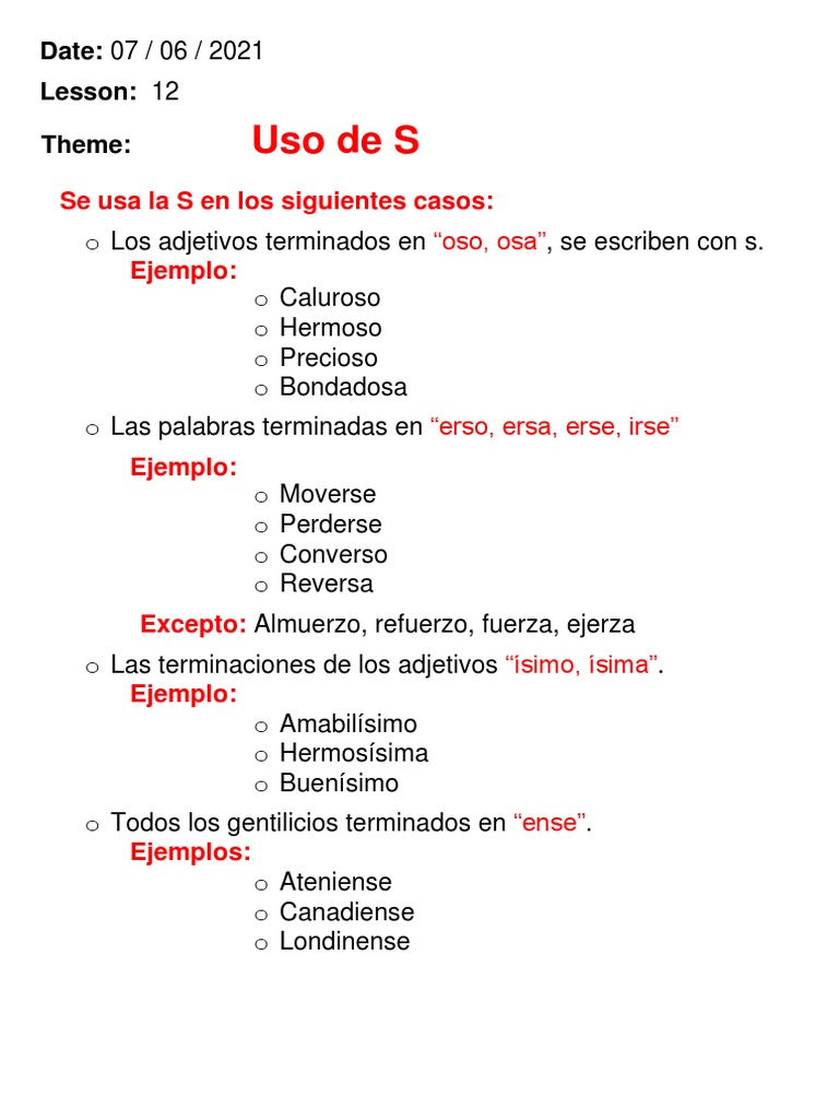 Reglas del Uso de la S en Español | PDF
