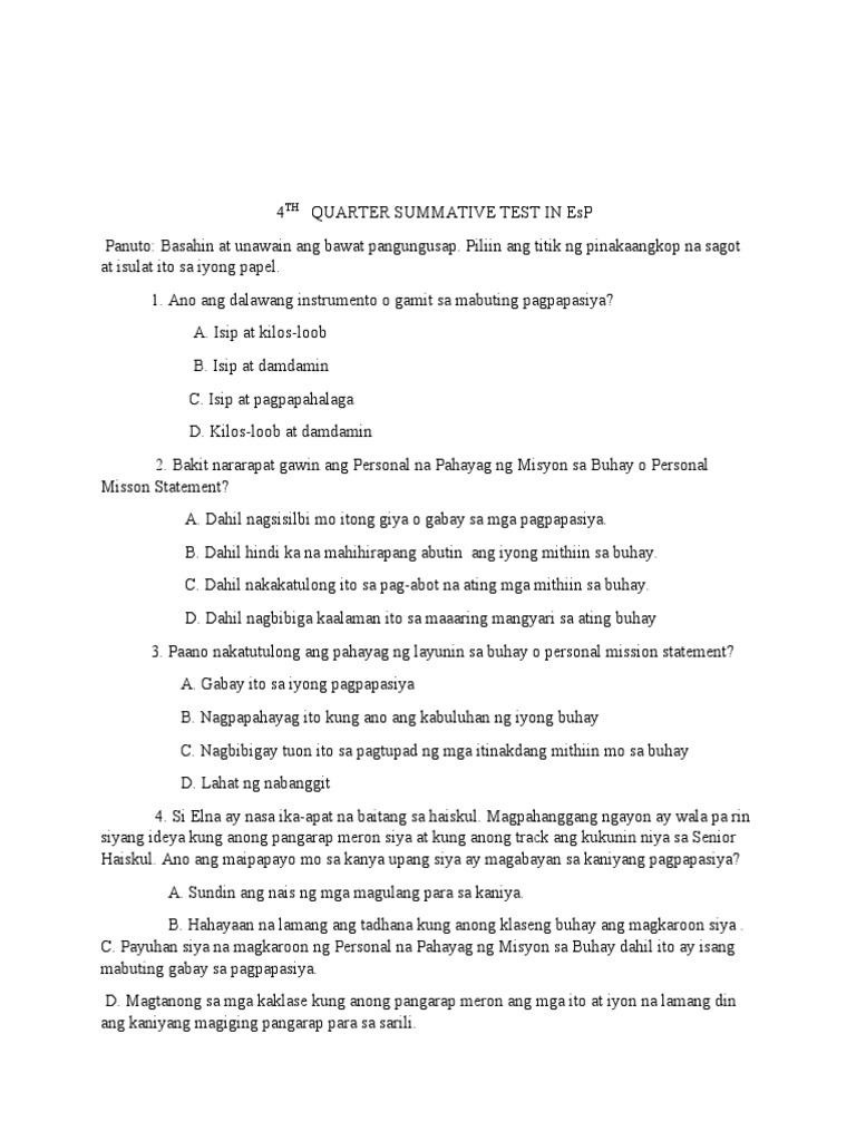 4th Quarter Summative Test in Esp | PDF