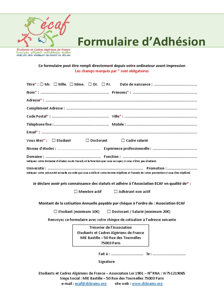 Ecaf Formulaire Adhésion | PDF | Conseil d'administration | Algérie