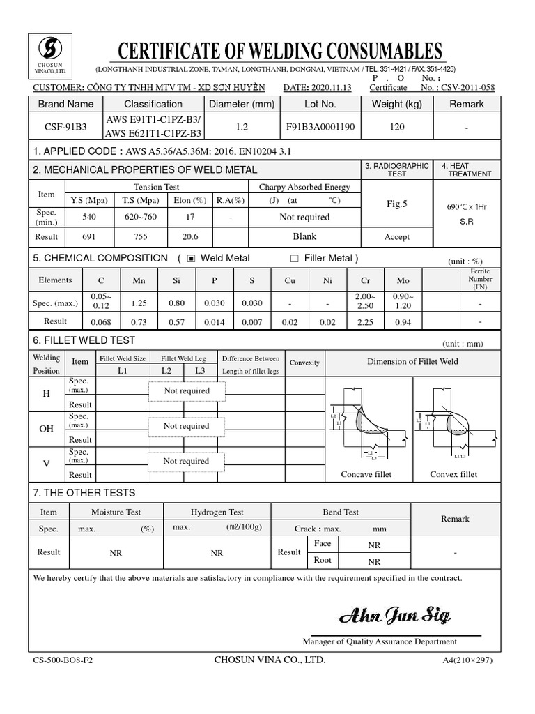 Weld Metal Certificate PDF Welding Construction