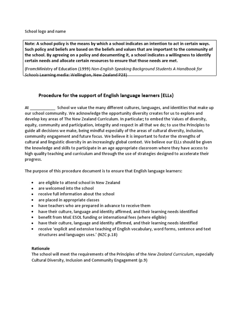 Procedure For The Support of English Language Learners (Ells) | PDF ...