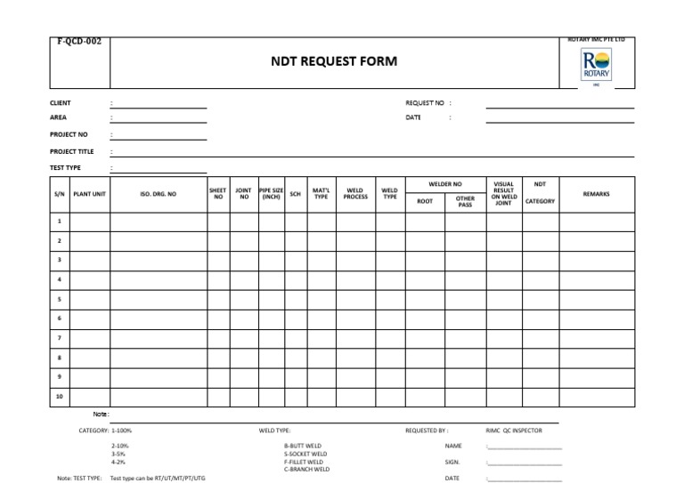 NDT Request Form Template | PDF | Technology & Engineering
