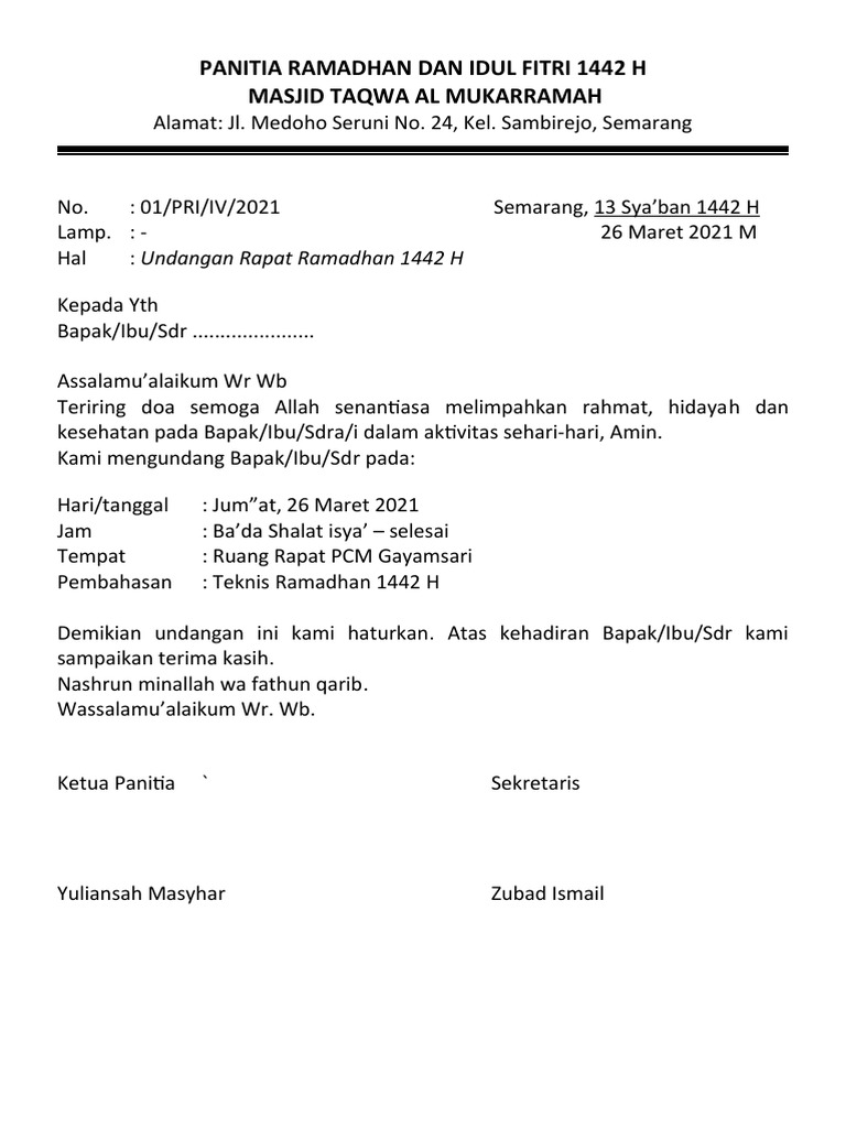 Undangan Rapat Panitia Ramadhan | PDF