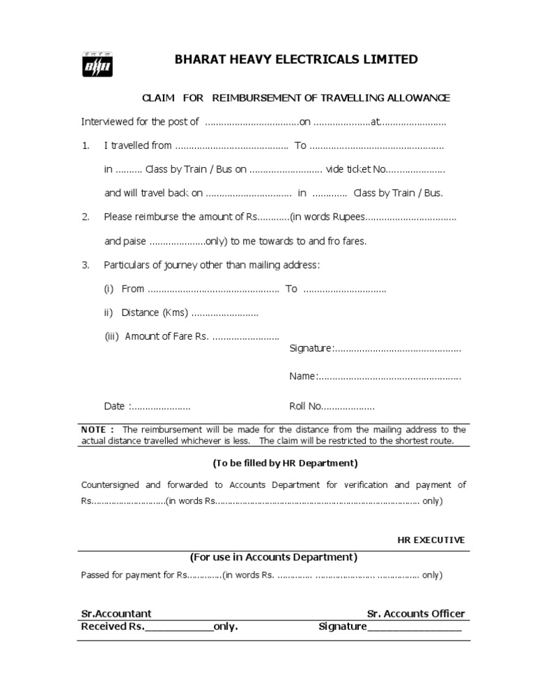 Travel Allowance Reimbursement Claim Form | PDF